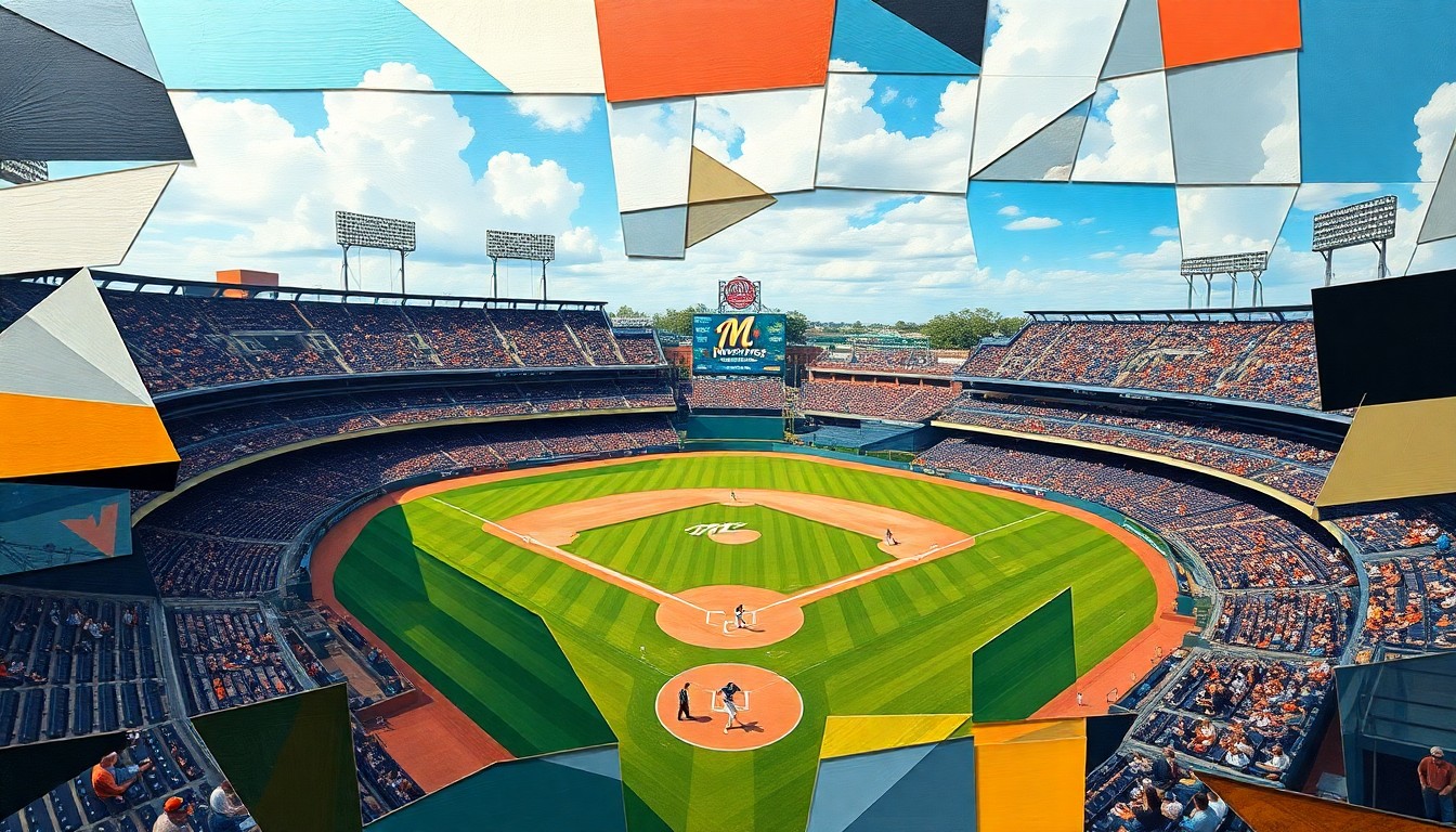 A cubist-style painting depicting a baseball game in an abstract, deconstructed manner, with overlapping geometric shapes and planes of color representing the players, field, and stadium.