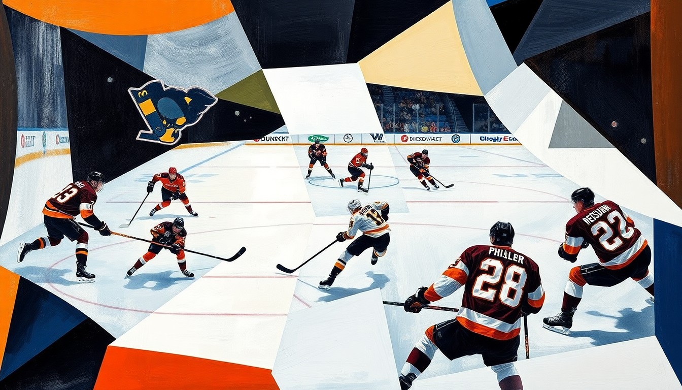 A cubist, geometric painting depicting a hockey game between the Pittsburgh Penguins and Philadelphia Flyers, with the players and action on the ice broken down into abstract, overlapping shapes and planes of color.