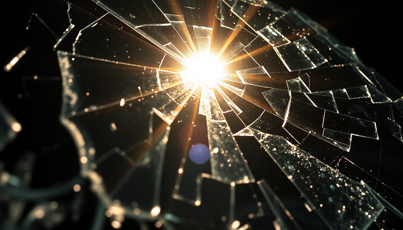 An extreme close-up photograph of shattered car window glass reflecting the harsh light of a camera flash, conveying the gritty aftermath of a violent collision.