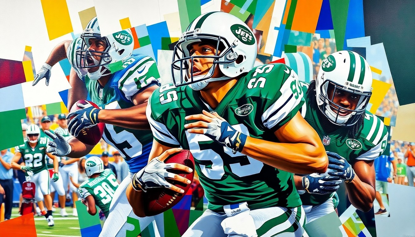 A cubist, geometric painting depicting fragmented, overlapping shapes and planes in the colors of football uniforms, representing the complex decision-making process of the New York Jets ahead of the 2026 NFL Draft.