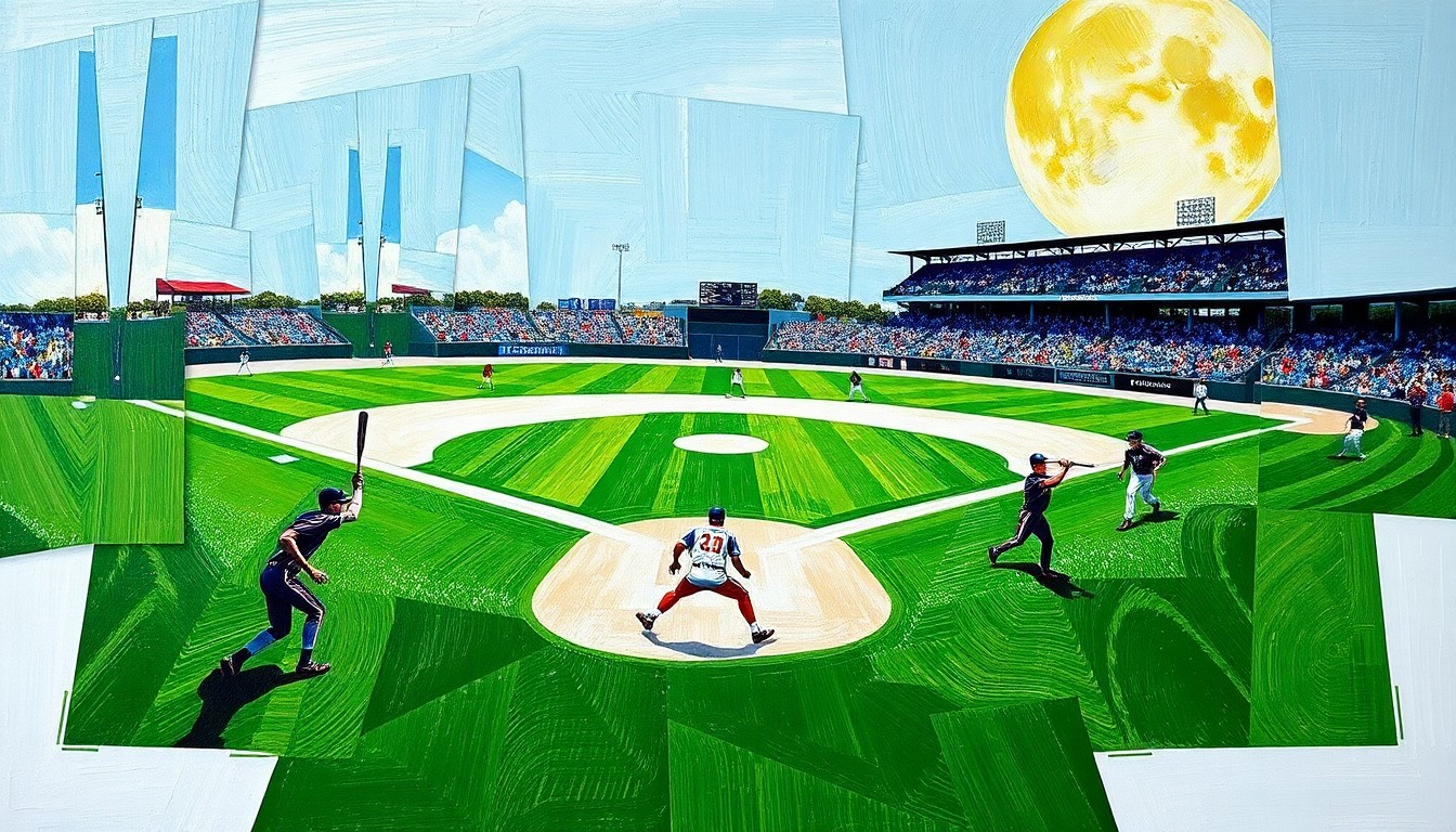 A cubist, geometric painting depicting the motion and action of a college baseball game, with overlapping planes of green grass, white baselines, and silhouetted player figures.