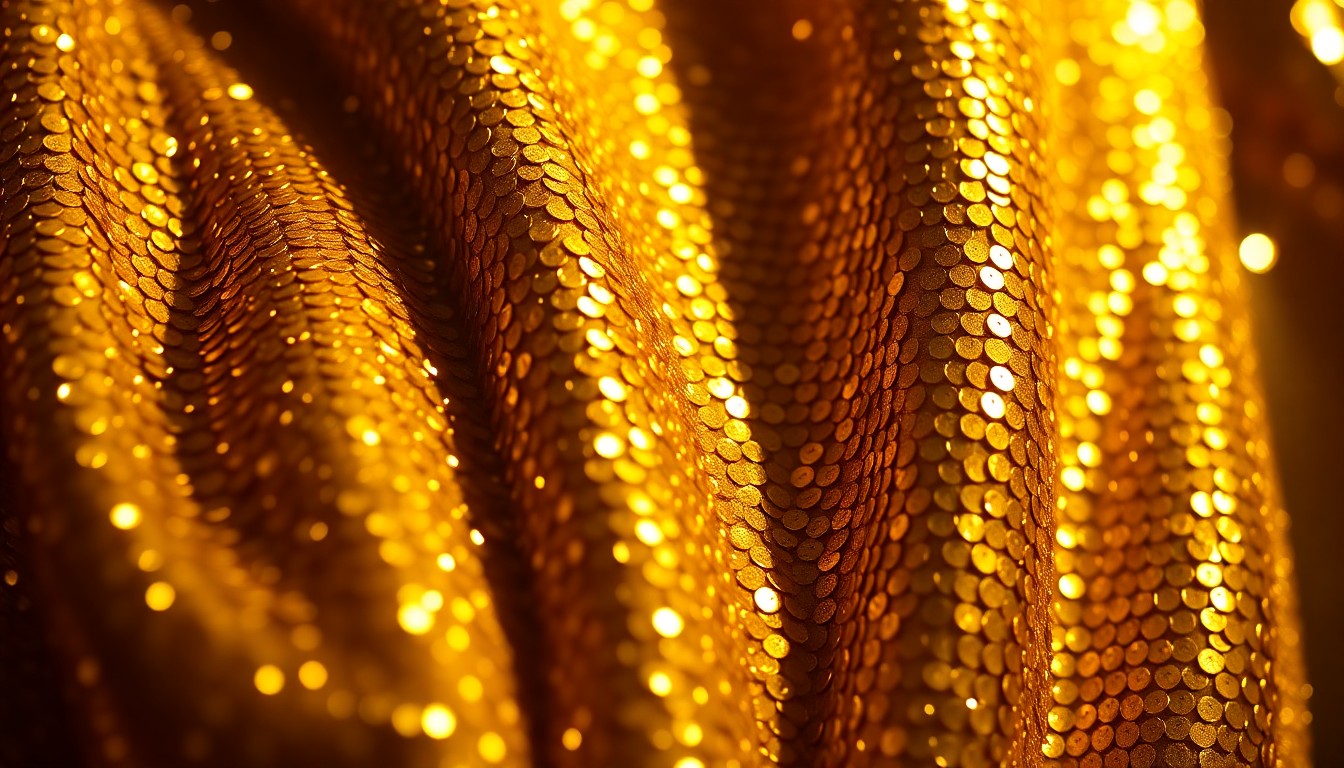 An extreme close-up photograph of shimmering gold sequins under dramatic studio lighting, conceptually representing the enduring glamour and legacy of a former child star.