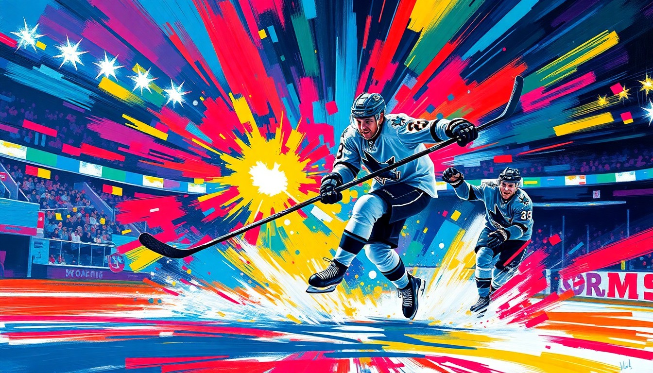 An energetic, abstract painting in neon colors depicting the dynamic motion of a hockey player scoring a goal, representing the meteoric rise of Macklin Celebrini and the shift in how elite NHL prospects are developed.