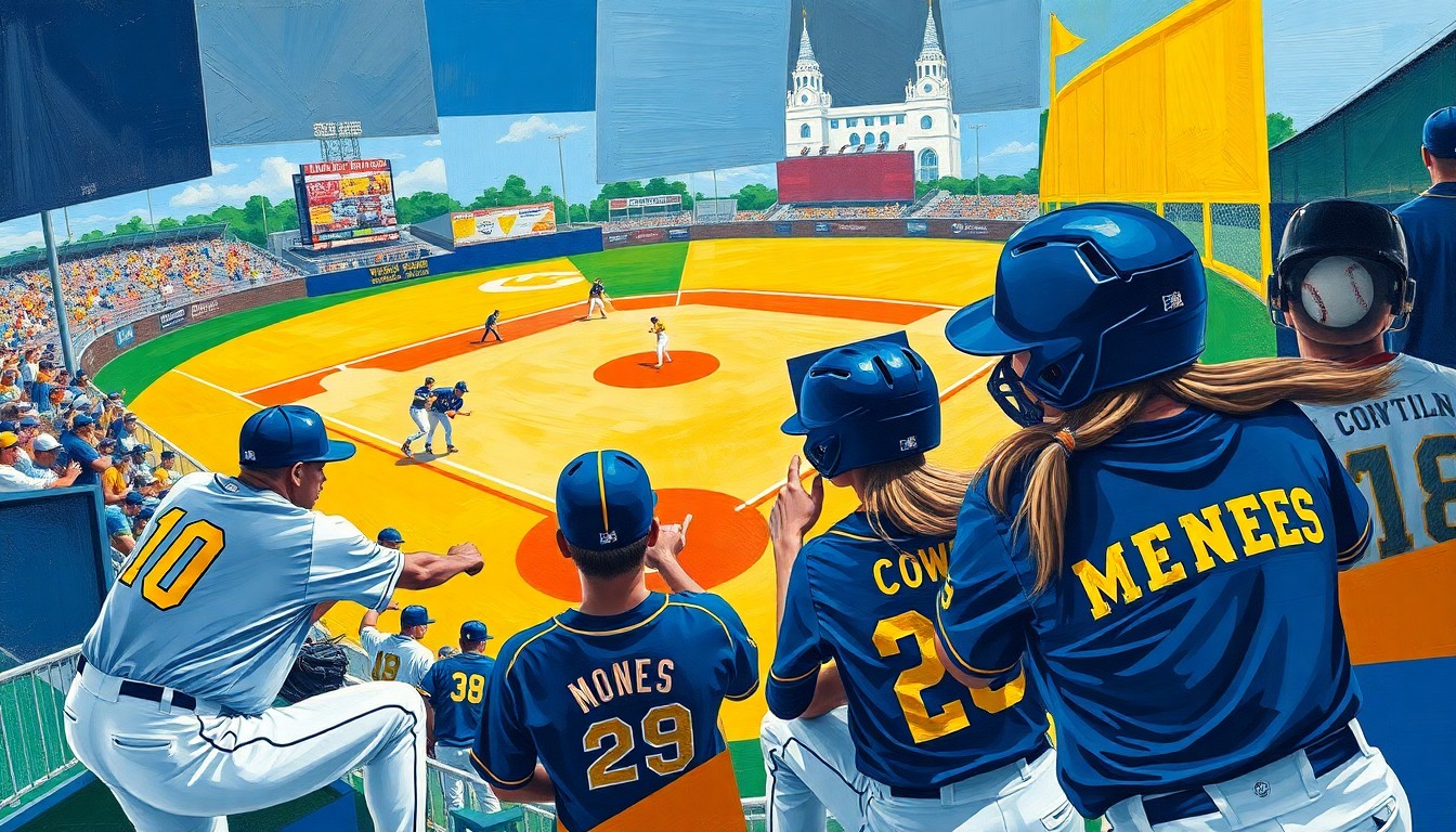 A cubist, geometric painting depicting fragmented, overlapping views of a baseball or softball game, with the vibrant colors of the McNeese uniforms blending together in an abstract, energetic composition.