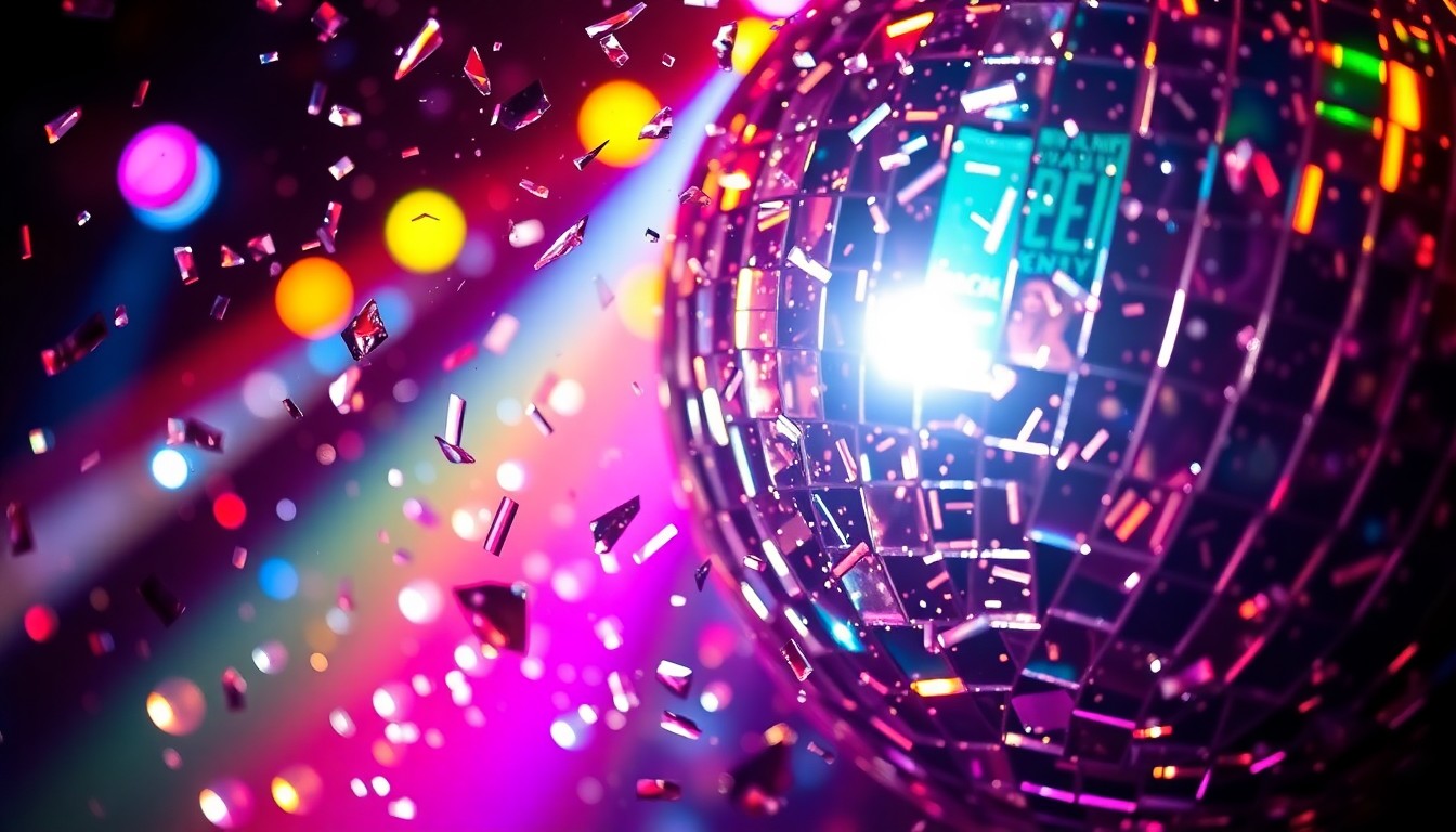 An abstract close-up photograph of shattered disco ball glass reflecting multicolored stage lights, conceptually representing the high-energy, glamorous atmosphere of a Black Coffee performance at Pacha New York.