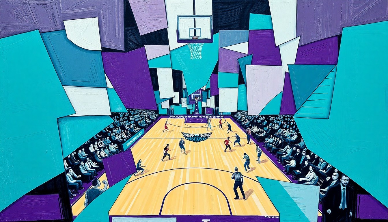 A fractured, multi-perspective painting breaking down a Hornets basketball game into sharp, overlapping geometric planes in vibrant teal, purple, and white colors.