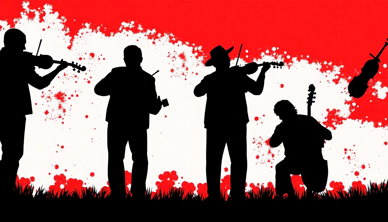 A minimalist, graphic illustration featuring bold black silhouettes of fiddlers and musical instruments against a high-contrast red and white background, capturing the lively, timeless spirit of the Athens Old Fiddlers Reunion.