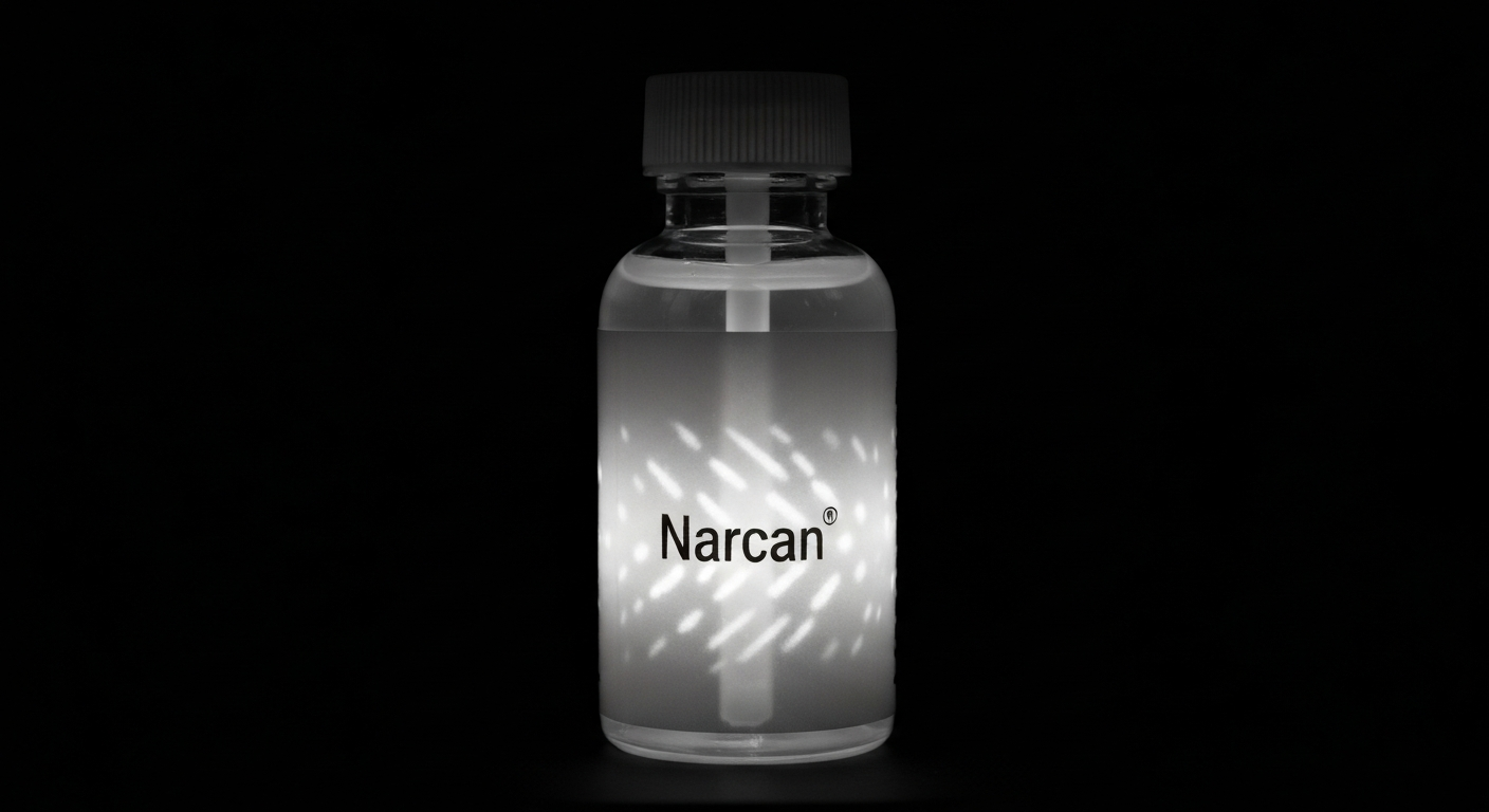 A translucent X-ray photograph revealing the internal structure of a Narcan medication bottle, its glowing lines and shapes against a dark background conceptually representing the critical role of this overdose reversal drug.