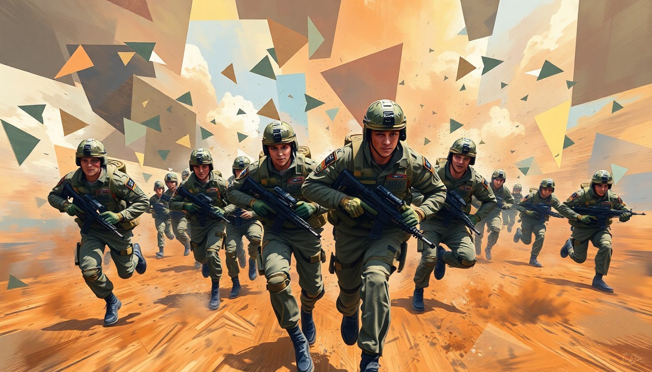 A vibrant, abstract painting depicting the chaotic motion of Air Force cadets in tactical gear rushing through a simulated warzone, with overlapping geometric shapes and waves of camouflage colors conveying the high-intensity training experience.