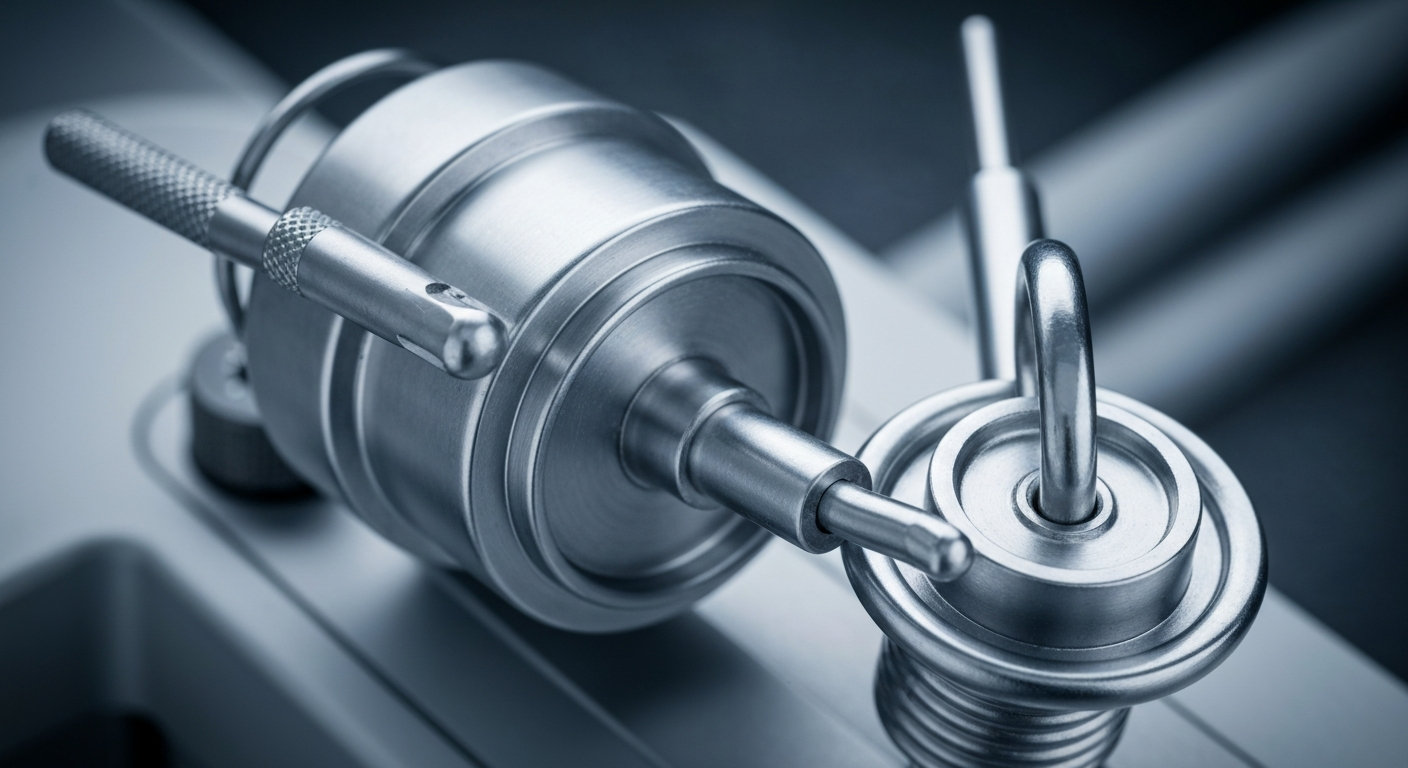 An extreme close-up of various metal and glass components of medical equipment, conveying the complex, high-precision engineering behind modern healthcare devices.