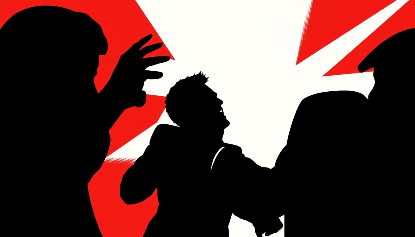 An abstract, minimalist illustration featuring sharp, jagged black silhouettes and bold splashes of red and white, conceptually representing a confrontation between a celebrity and an aggressive fan.