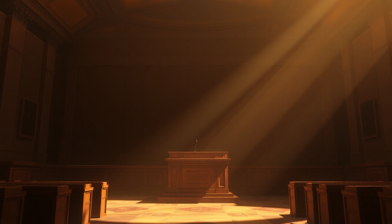 A quiet, cinematic painting of an empty city hall podium, bathed in warm, diagonal sunlight and deep shadows, conveying a sense of political tension and division.