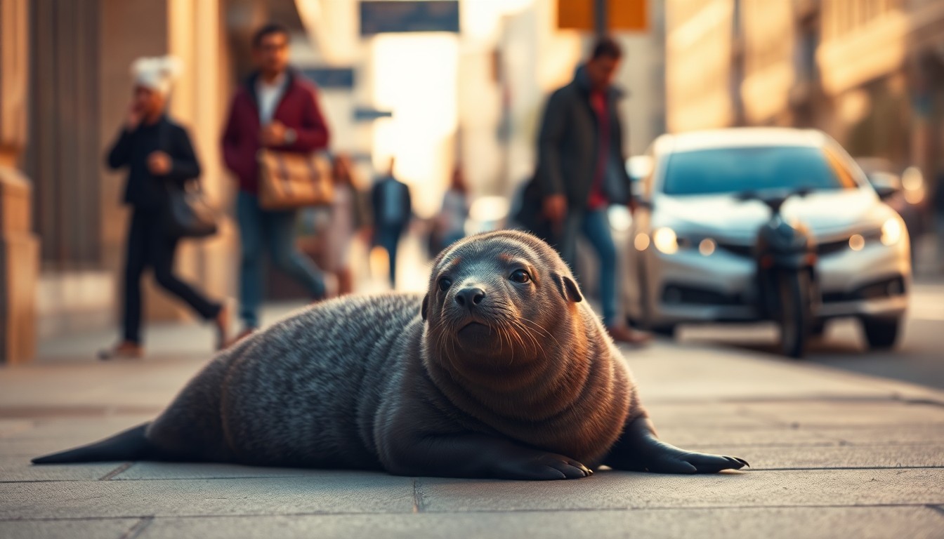An extremely abstracted, out-of-focus photograph in soft pools of warm color and light, depicting a young sea lion pup resting on a city sidewalk surrounded by the blurred shapes of passing pedestrians and vehicles, conceptually illustrating the struggle of urban marine wildlife.