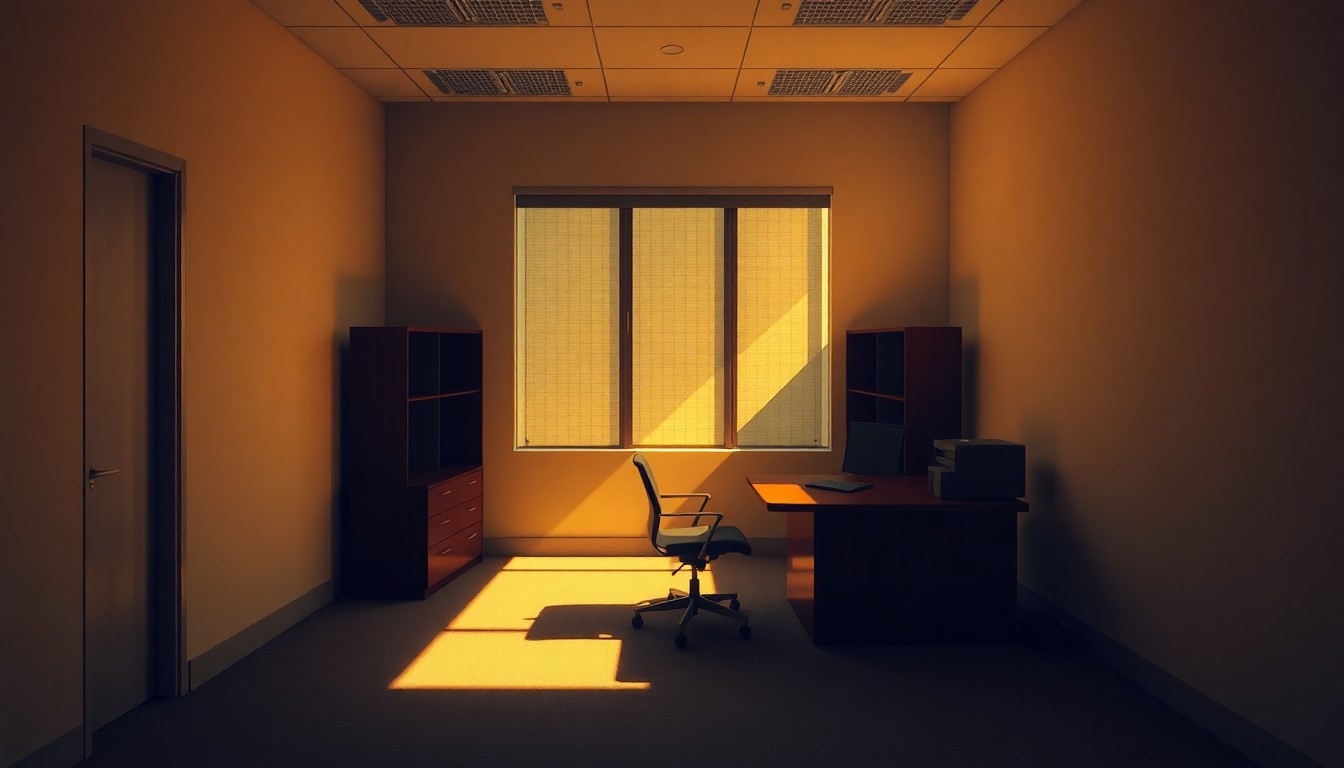 A dimly lit, cinematic painting of an empty government office space, with a single desk and chair as the only focal point, bathed in warm, diagonal sunlight and deep shadows, conveying a sense of solitude and unease.