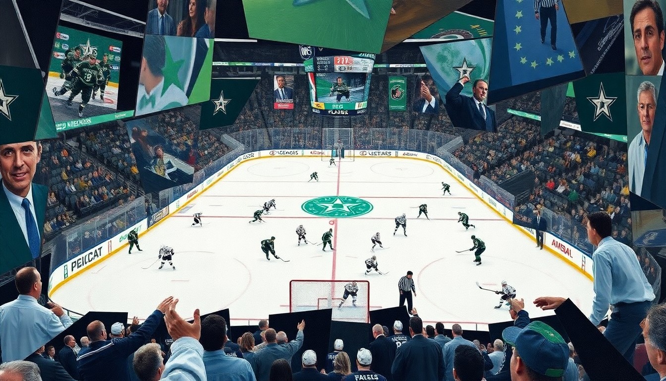 A fractured, multi-perspective painting depicting a Dallas Stars hockey game, with the players, arena, and action broken down into sharp, overlapping geometric shapes and planes in a cubist style.