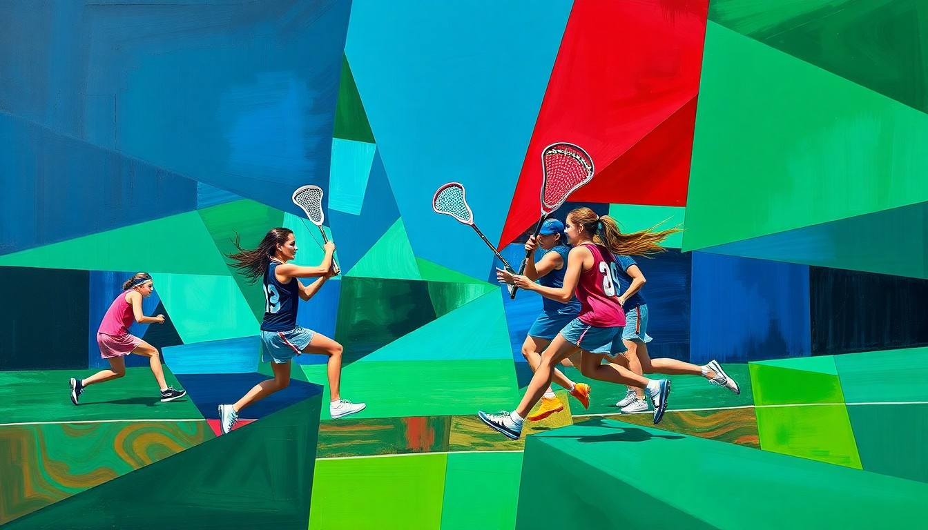 A cubist, geometric painting depicting the dynamic action of a girls lacrosse game, with overlapping planes of color and fragmented shapes representing the players, ball, and field of play.