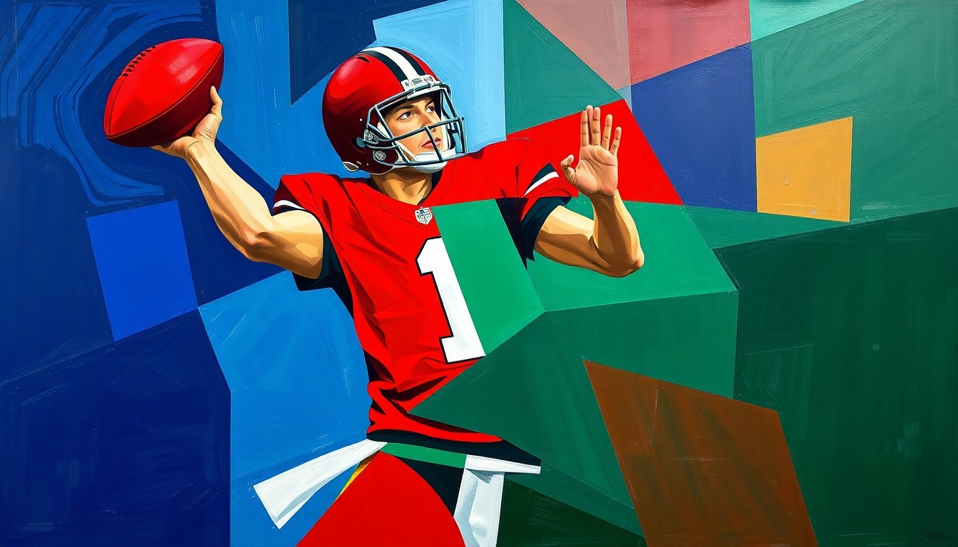 A cubist, geometric painting depicting a football quarterback's throwing motion broken down into sharp, overlapping planes of navy, crimson, and green, conveying the dynamic nature of the recruitment process for top prospects.