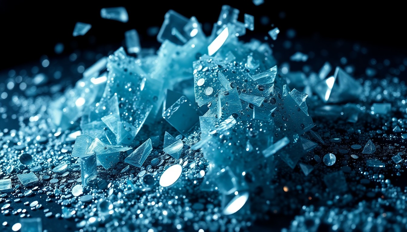 An abstract close-up image featuring shattered glass and glittering sequins, captured in dramatic high-contrast studio lighting to convey the glamour and spectacle of a reality TV scandal.