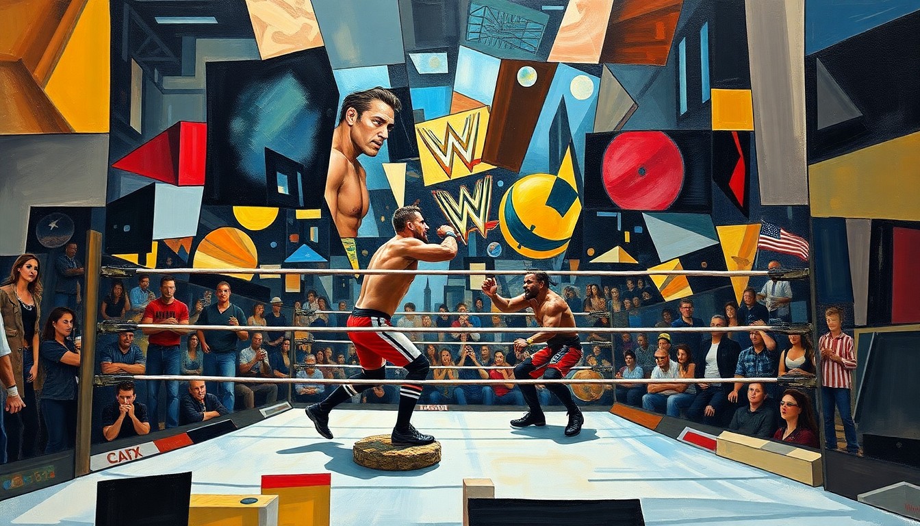 A fragmented, geometric painting depicting the chaotic action and multiple perspectives of a professional wrestling match, with figures and objects broken down into sharp, overlapping planes of color and form.
