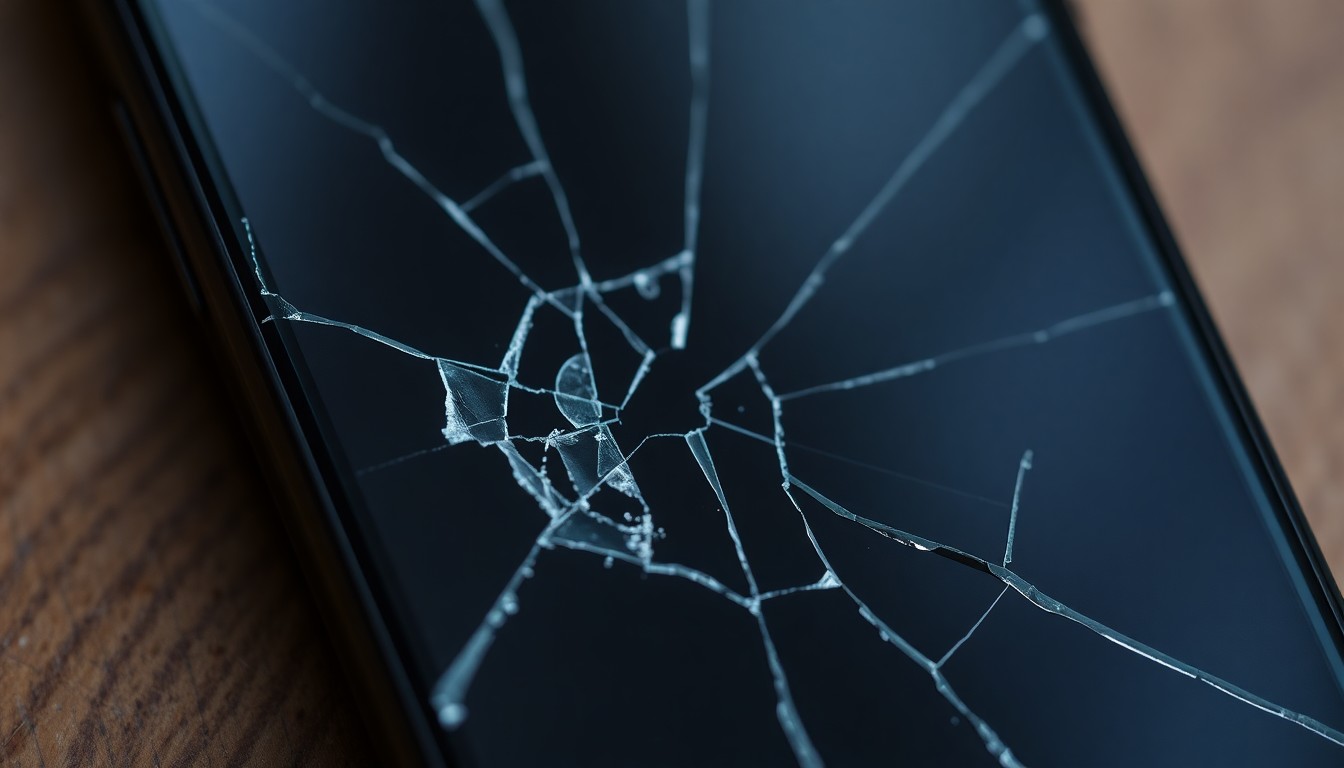 An extreme close-up photograph of a cracked and damaged smartphone screen, capturing the harsh, gritty, and investigative aesthetic to represent the violated sense of security for victims of human trafficking.