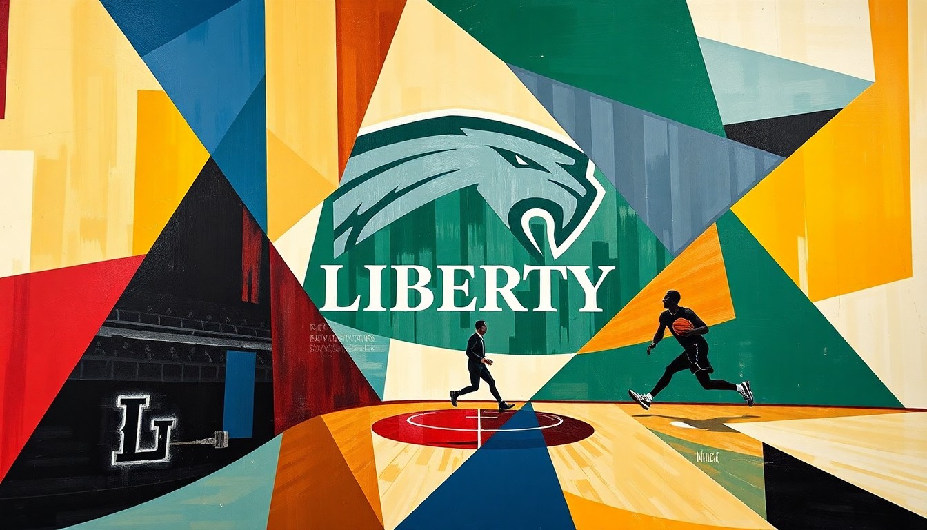 A cubist, geometric painting depicting a college basketball game, with the Liberty University logo and colors featured prominently, along with the silhouette of a player in motion.