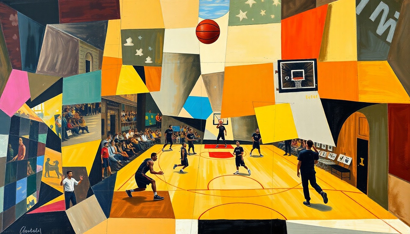 A cubist, geometric painting depicting a fragmented basketball court and players, conveying the disruption and technical issues surrounding Prime Video's NBA coverage.