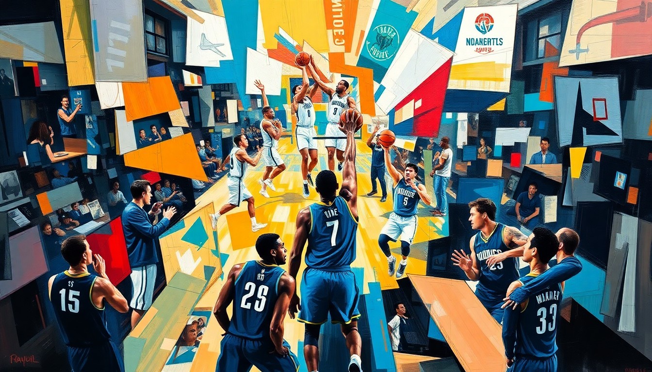 A cubist-style painting depicting the intense energy and action of a basketball game, with players and the court broken down into sharp, overlapping geometric shapes and planes in a vibrant color palette.