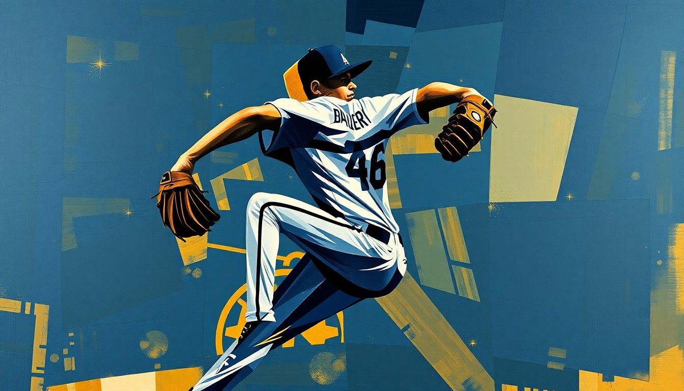 A fragmented, geometric painting depicting a baseball pitcher's throwing motion, with sharp planes of navy, gold, and black representing the dynamic movement and energy of the sport.