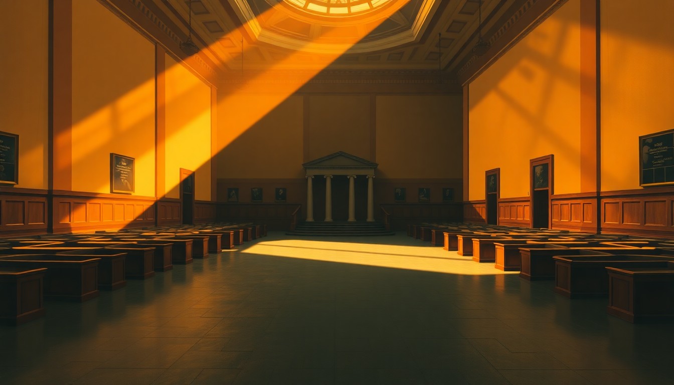 A serene, cinematic painting of an empty government building or legislative chamber, with warm sunlight streaming through the windows and deep shadows cast across the interior, conveying a sense of contemplation and anticipation around the ongoing negotiations.
