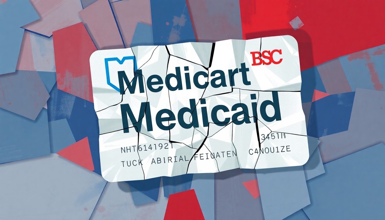 A vibrant, fragmented painting in shades of blue, red, and grey depicts a crumpled Medicaid card, symbolizing the chaotic nature of healthcare fraud uncovered by the new administration.