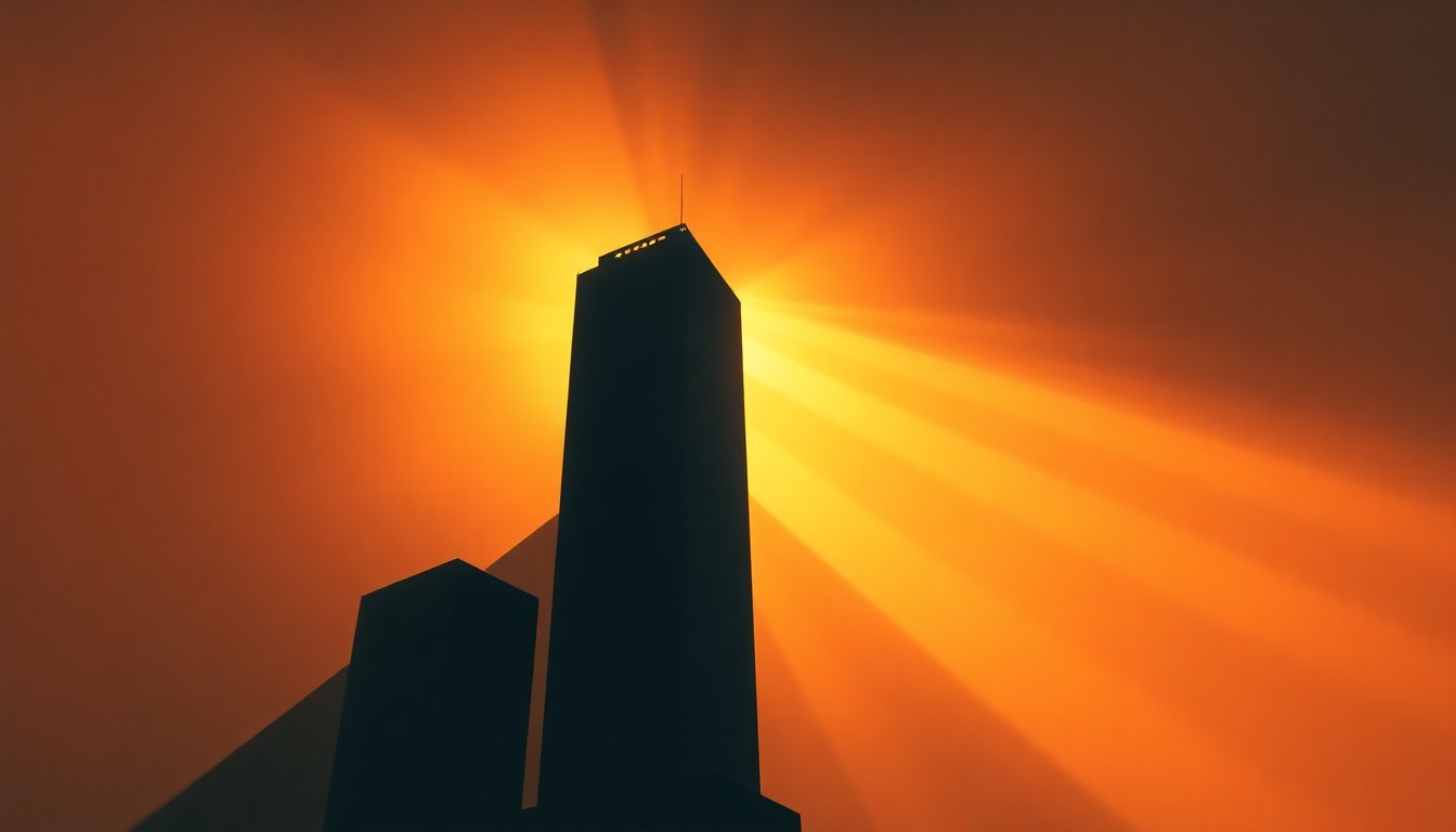 A serene, photorealistic painting of a tall, glass-and-steel office building in an urban setting, with warm sunlight casting long shadows across the facade and surrounding streets, conveying a sense of quiet contemplation and underlying tension.