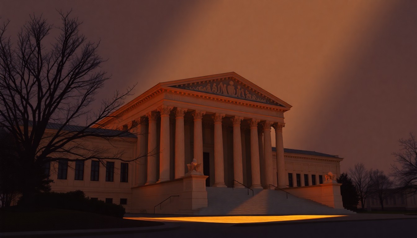 A photorealistic painting of the exterior of the U.S. Supreme Court building, with the iconic columns and steps bathed in warm, golden light and deep shadows, conceptually representing the weighty decision the Court must make on the future of birthright citizenship.