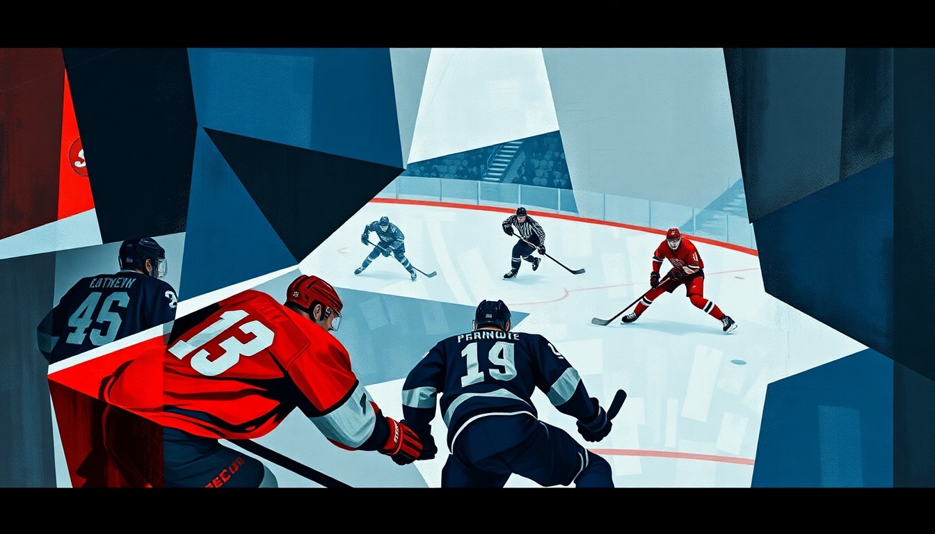 A fractured, geometric painting depicting the chaotic energy of a hockey game, with players' forms broken down into sharp, overlapping planes of blue, red, and gray, conveying the tension and disappointment of the Red Wings' failed playoff push.