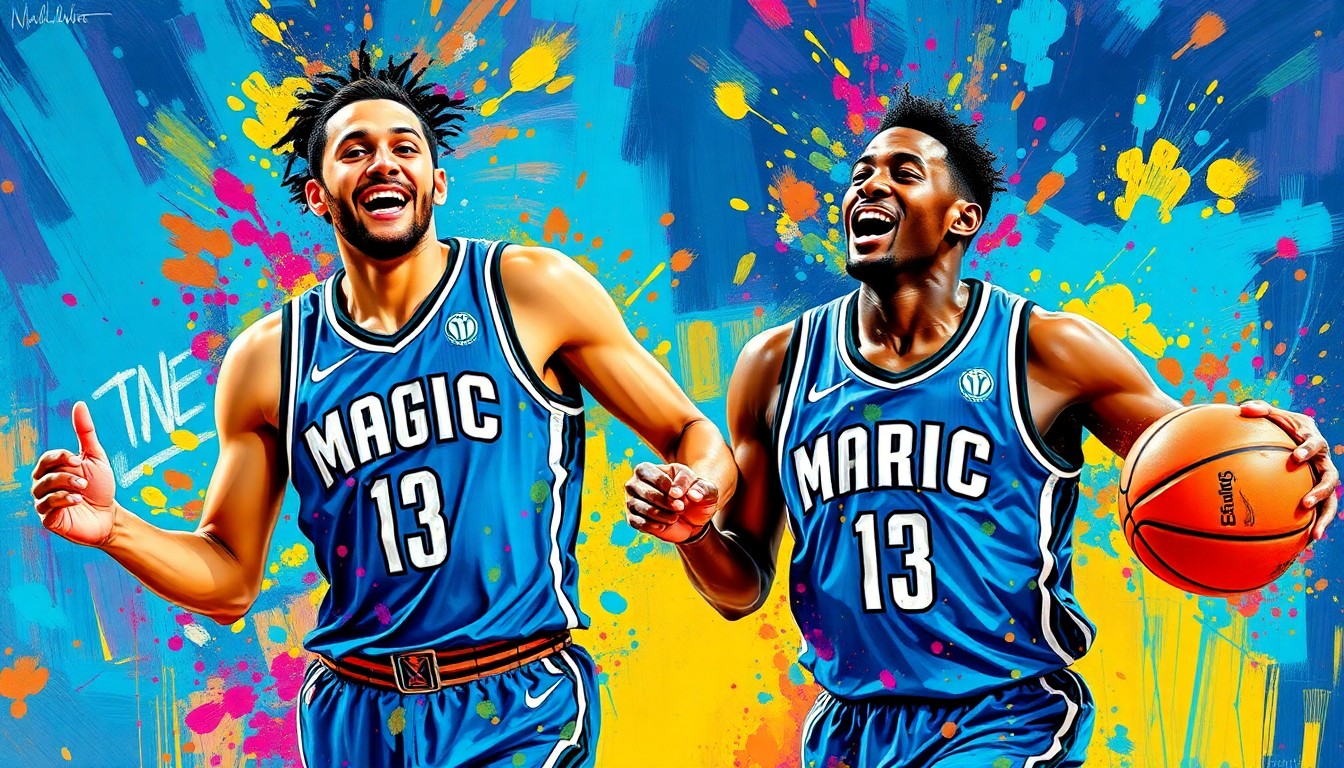 A vibrant, expressionist painting depicting the raw athletic movements and energy of two basketball players, their faces and jerseys dissolving into colorful brushstrokes, capturing the celebratory mood of a hard-fought playoff victory.