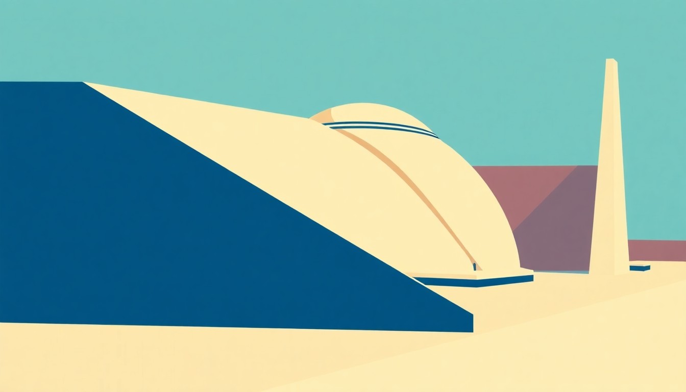 A geometric abstract illustration featuring overlapping triangles and circles in shades of blue, red, and yellow, conveying the immense scale and economic power of Tinker Air Force Base without any text or identifiable elements.