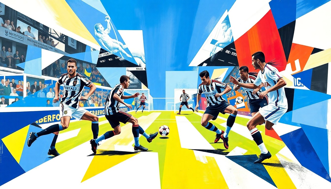 A fractured, cubist-style painting depicting the dynamic action of a football match between Brentford and Fulham, with the players' forms abstracted into sharp, overlapping geometric shapes in the teams' respective colors.