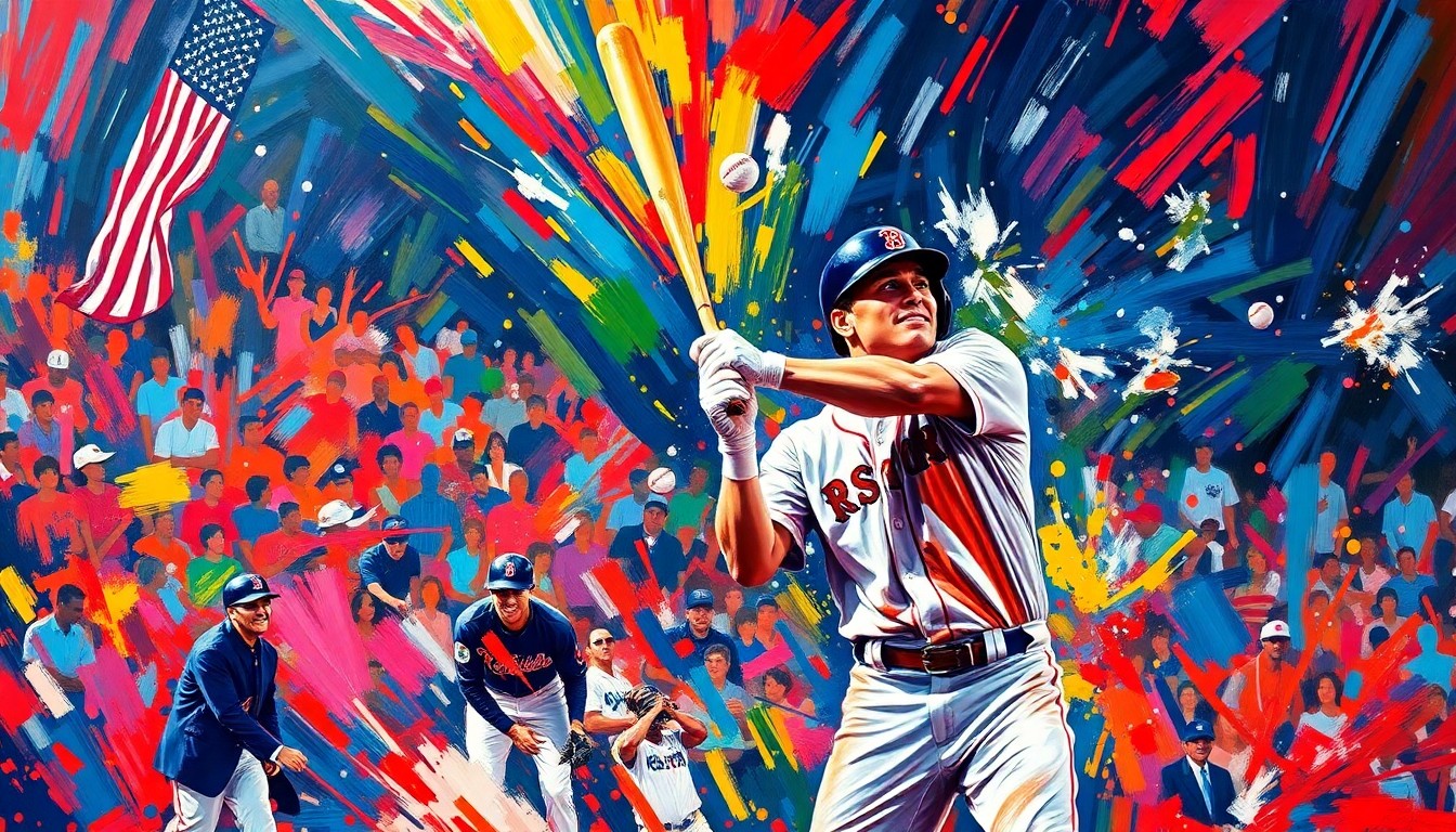An abstract, energetic painting featuring bold, neon-colored brushstrokes that convey the excitement and drama of a game-winning hit in extra innings.