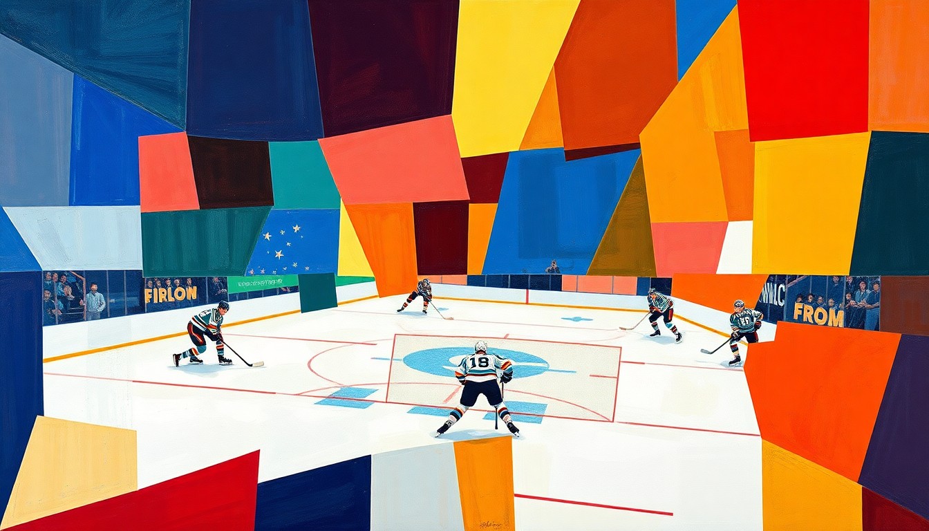 A cubist, geometric painting depicting a fragmented hockey game, with sharp, overlapping planes of bright red, blue, and white colors representing the official team colors of the Houston Aeros and Quebec Nordiques.