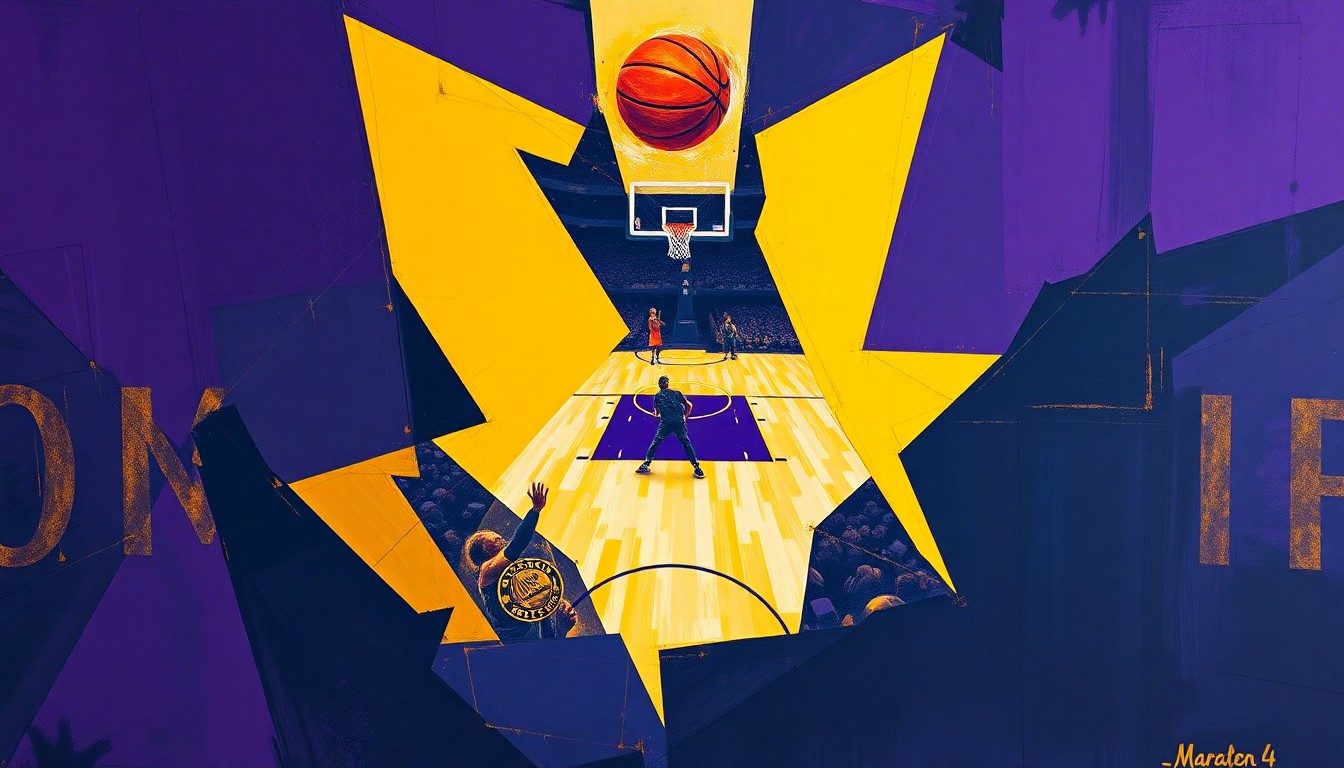 A cubist, geometric painting depicting a fragmented basketball game, with sharp, overlapping planes of color representing the dynamic energy of the sport.