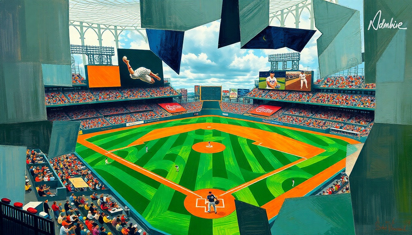 A fragmented, geometric painting depicting a baseball game, with players and the field broken down into sharp, overlapping shapes and planes of color.