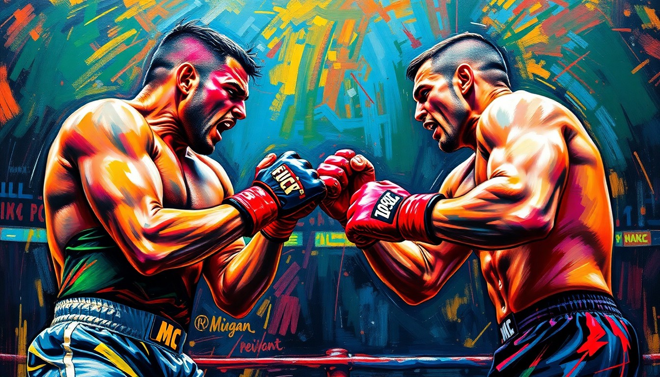 An abstract, expressionist painting featuring dynamic brushstrokes in neon shades of red, orange, and yellow, conveying the intense energy and physicality of an MMA fight.