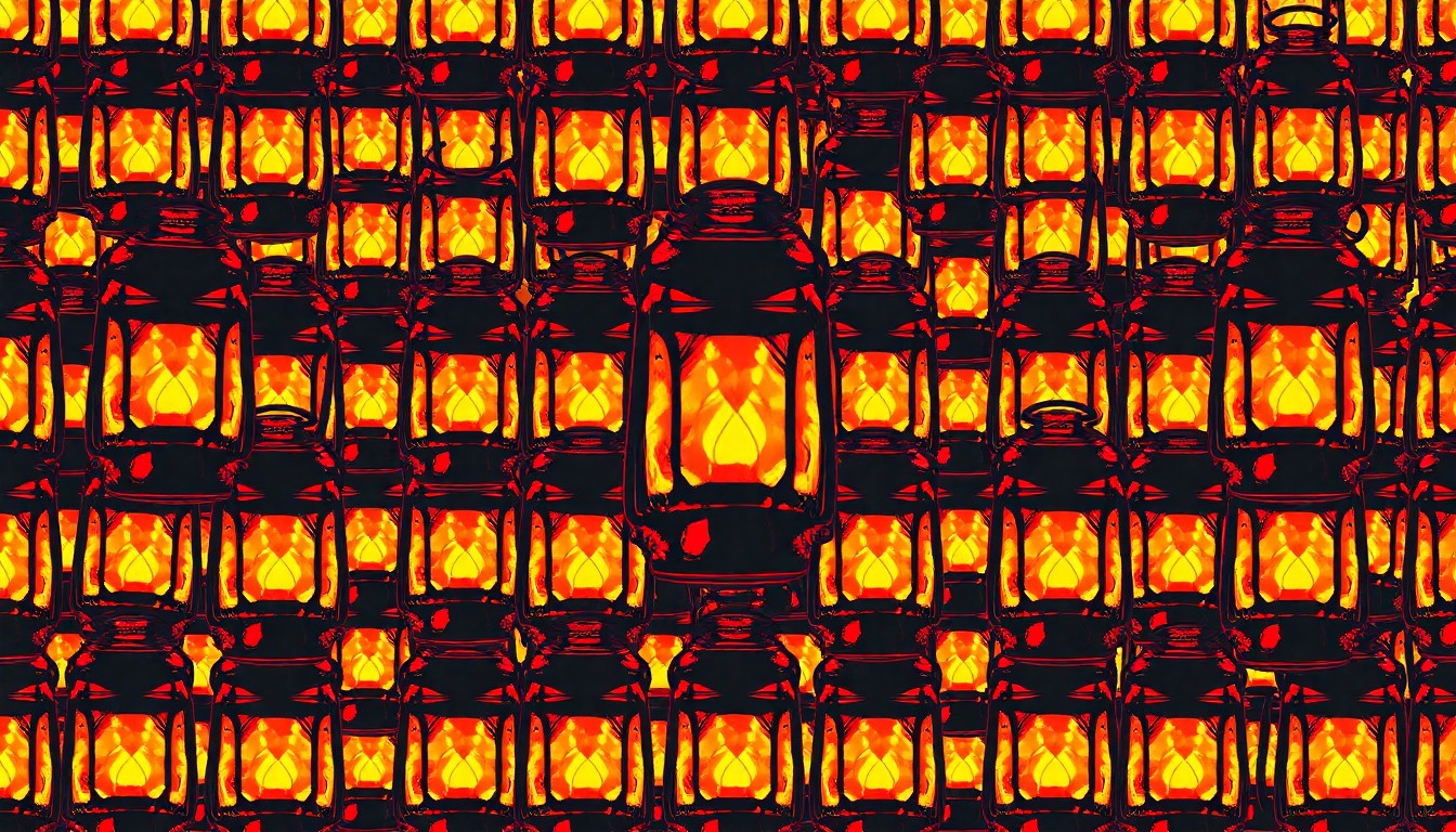 A bold, colorful silkscreen-style illustration featuring a colonial-era lantern repeated in a grid, conceptually representing the iconic imagery of Paul Revere's famous ride to warn the patriots that the British were coming.