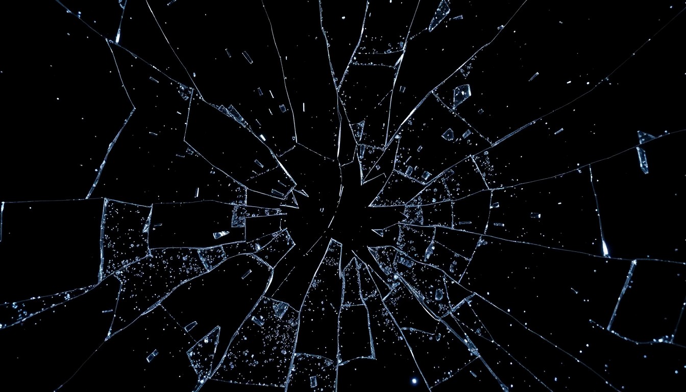 An abstract, high-contrast close-up photograph of a shattered, glittering glass surface, conceptually representing the violent attack on the celebrity rapper.