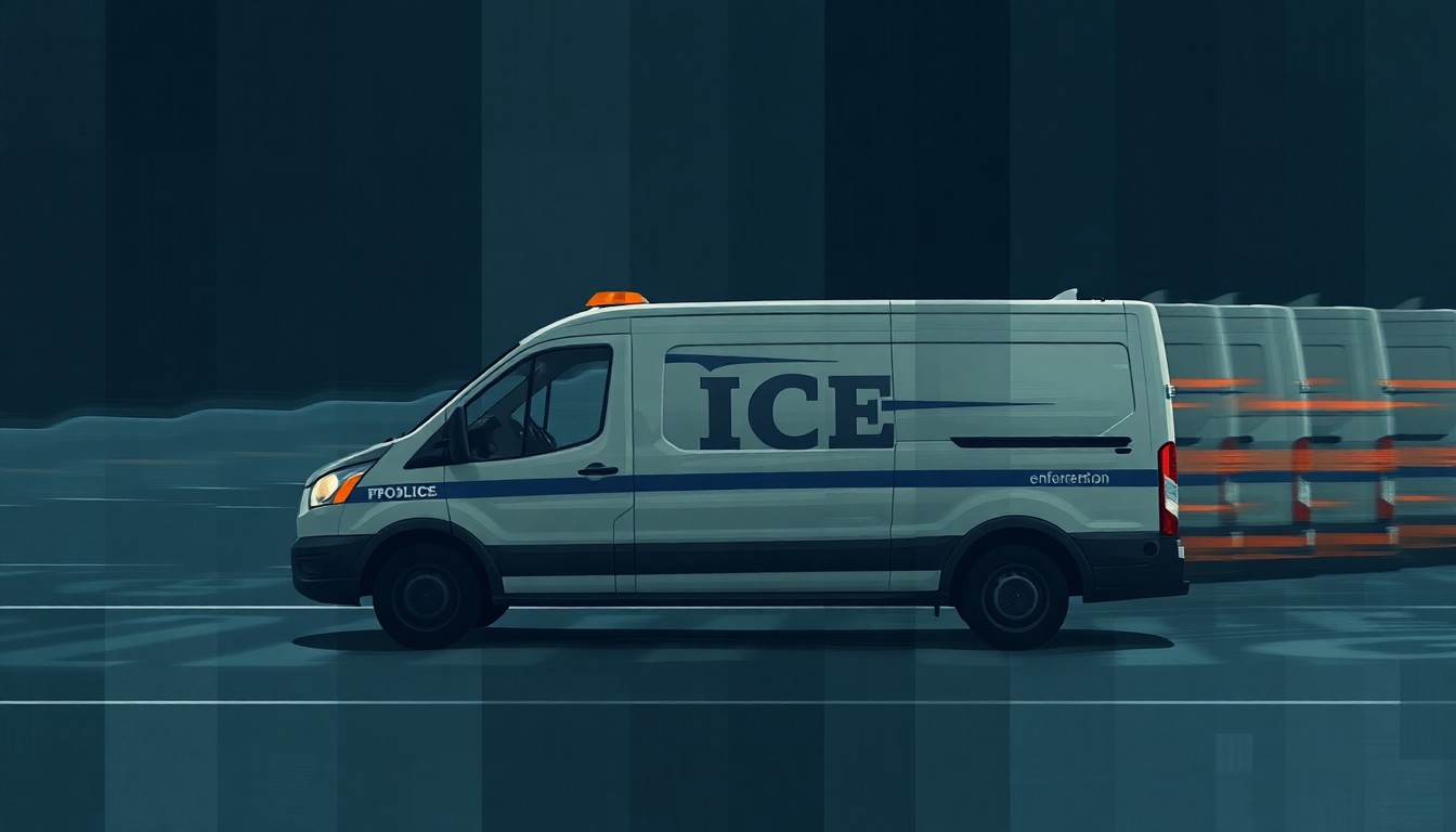 A dynamic, fragmented painting depicting an ICE enforcement vehicle in motion, with overlapping geometric shapes and muted tones conveying a sense of urgency and transition.