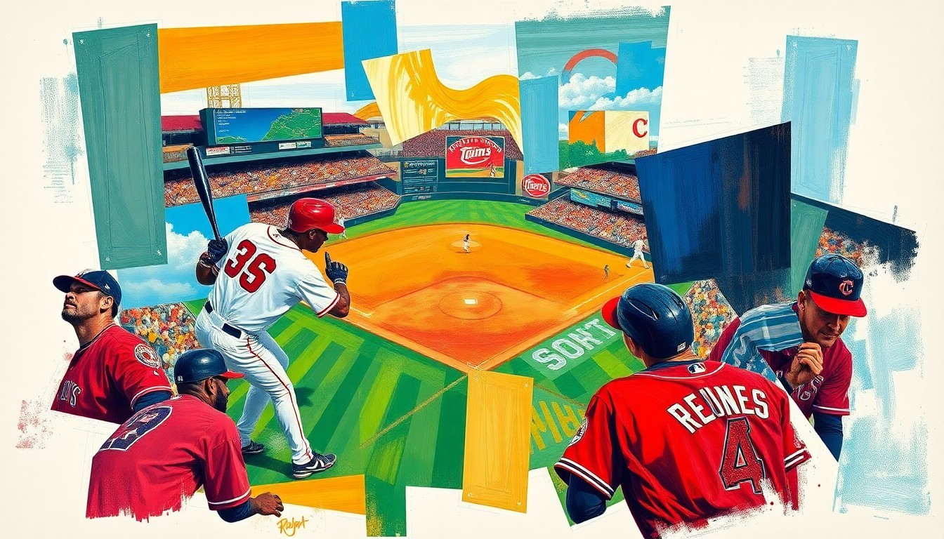 A fragmented, geometric painting depicting a baseball game, with the players and field broken down into overlapping planes of bright, contrasting colors.