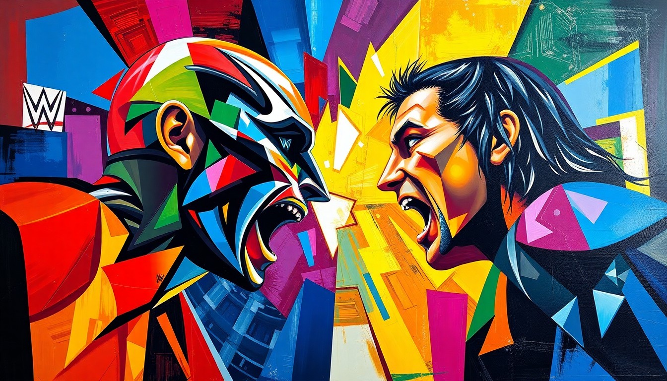 A cubist, geometric painting depicting a confrontation between two wrestlers, with sharp, overlapping planes of color representing the intensity and drama of the moment.
