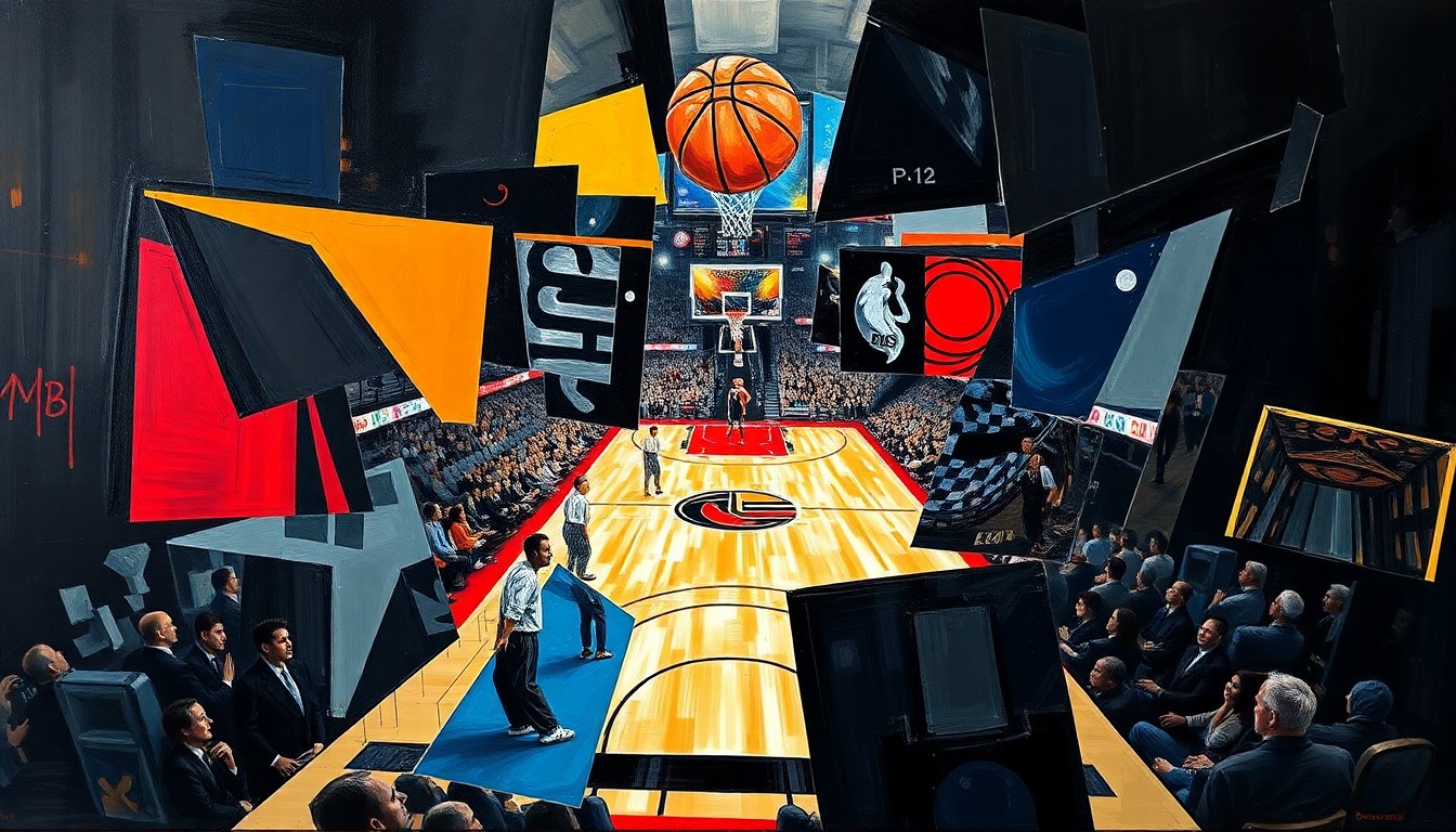 A fragmented, geometric painting depicting the action and energy of a basketball game, with sharp planes of color and form representing the competitive clash between the two teams.
