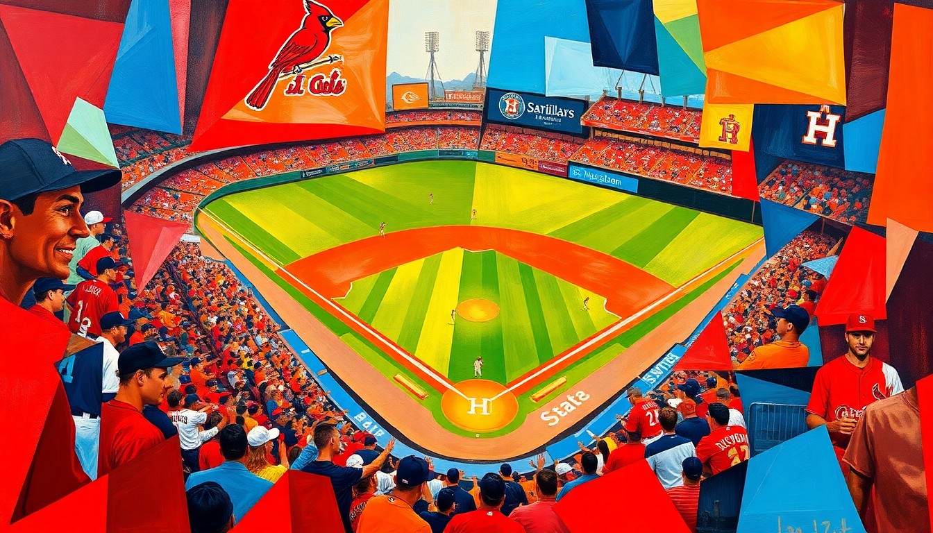 A cubist, geometric painting depicting a baseball game between the St. Louis Cardinals and Houston Astros, with overlapping shapes and planes in shades of red, orange, and blue representing the players, field, and action.