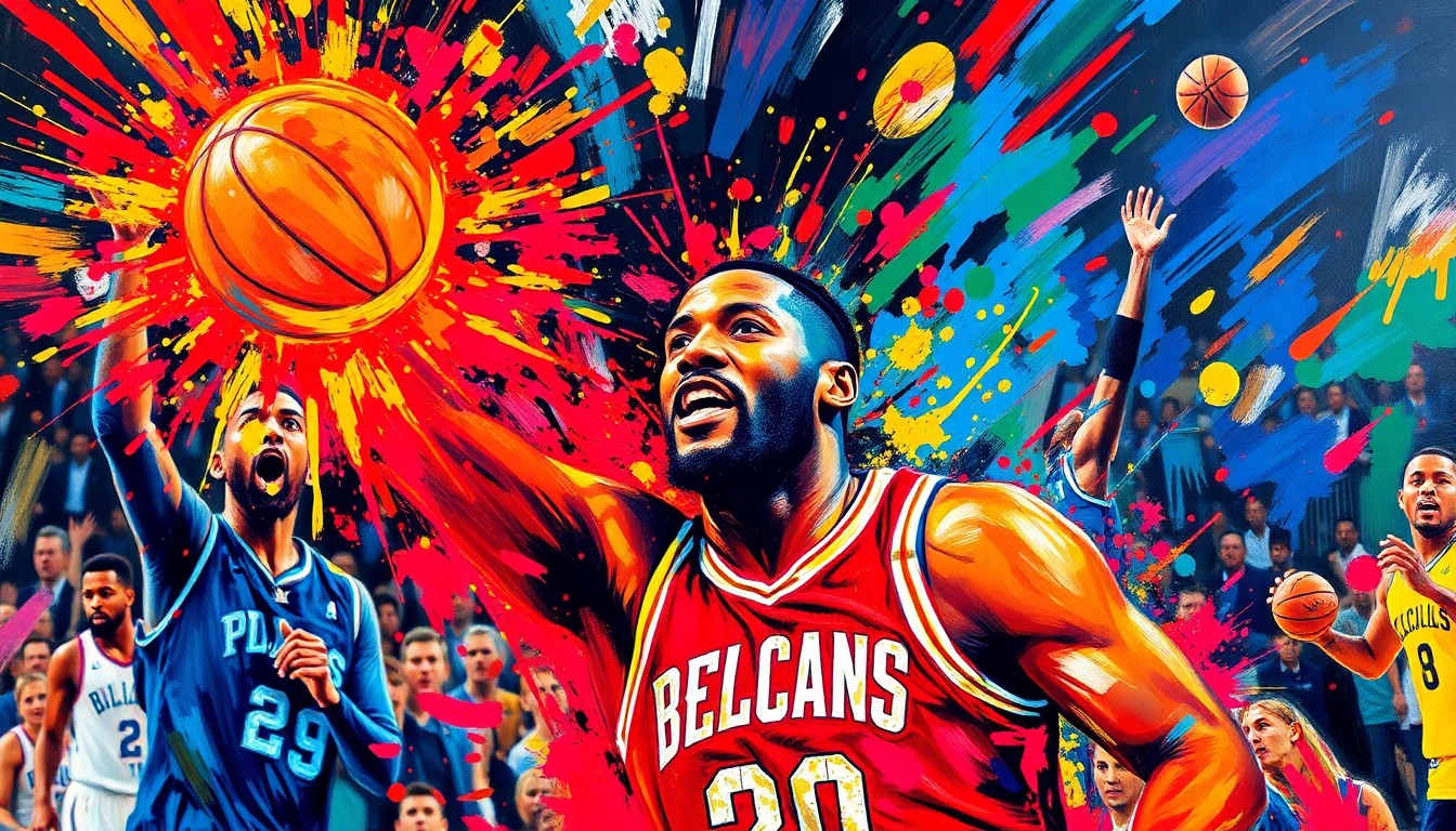 An abstract, expressionist painting featuring bold, energetic brushstrokes in neon colors that capture the intensity and movement of an NBA basketball game, with players' forms dissolving into vibrant splashes of paint.
