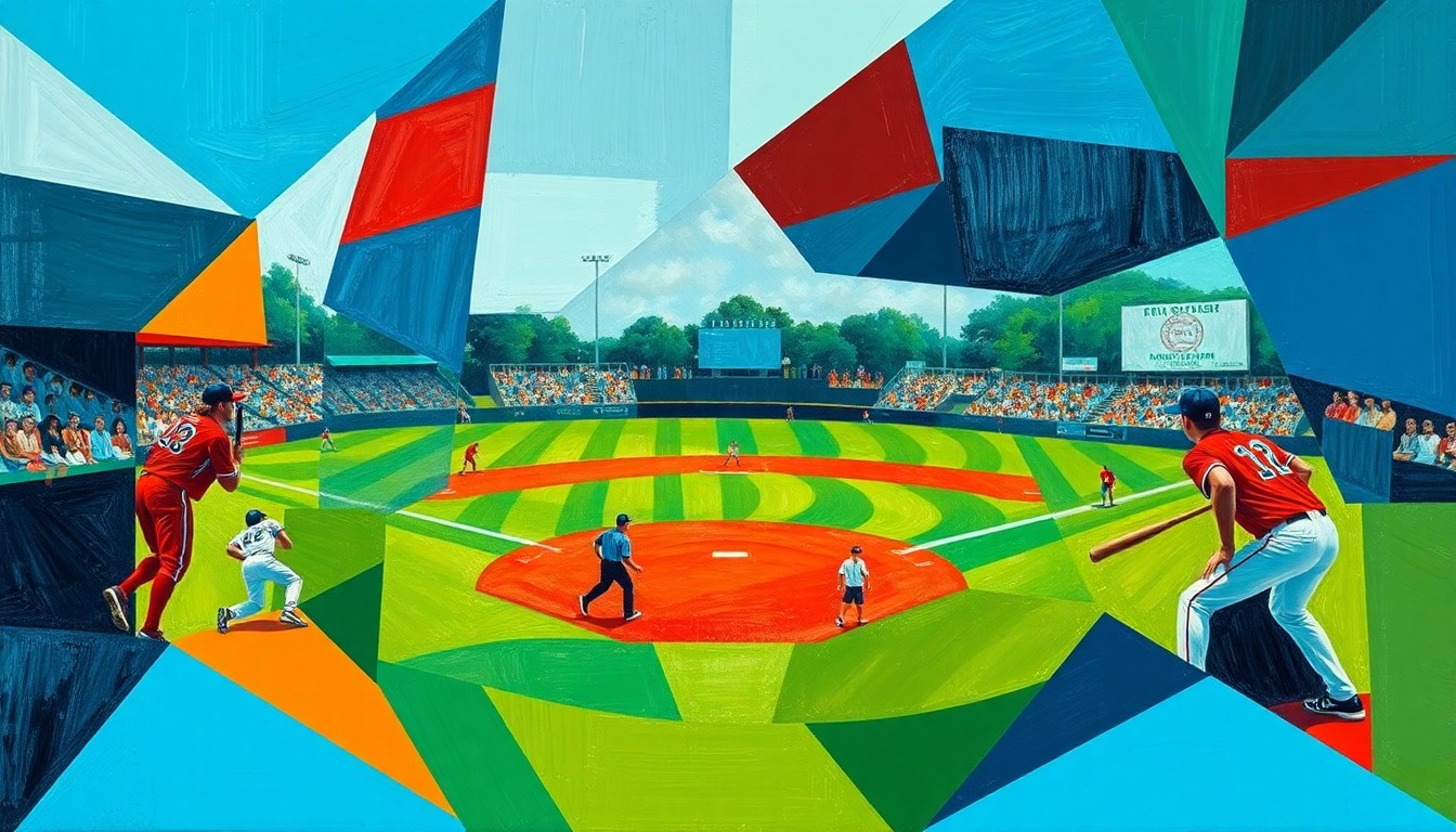 A cubist-style painting depicting a high school baseball game, with the players and field rendered as fragmented, angular shapes in a vibrant color palette of blues, greens, and reds, capturing the dynamic energy of the sport.